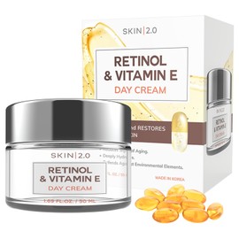 Skin 2.0 Retinol & Vitamin E Face Moisturizer - Dermatologist Tested, Hydrating, Restores Sun-Damaged Skin, Anti-Aging - Reduces Acne Scars, Clean Beauty, Cruelty-Free Korean Skincare - 1.69 Fl oz | Skin 2.0