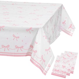 ValueBargain Pink Table Cloth 3-Pack - Crinkle Taffeta Bow-Themed Table Cover for Birthdays/Baby Showers/Coquette Parties, Wrinkle-Resistant Cloth,70.8in x 42.5in