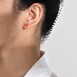 Strawberry Fruit Small Stud Earrings Stainless Steel Funny Cute Enamel Red Summer Fruits Tiny Sleeper Flat Back Earrings for Women Birthday Christmas Party Beach Holiday Fashion Jewelry Gifts (Gold)