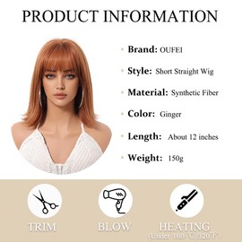 OUFEI Ginger Wig with Fringe Short Bob Straight Wig Women's Synthetic Hair Wigs for Daily Party Cosplay Wear