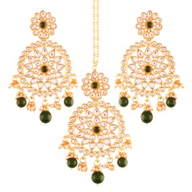 I Jewels 18k Gold Plated Indian Wedding Bollywood Kundan & Pearl Earring Set with Maang Tikka for Women, no aplica