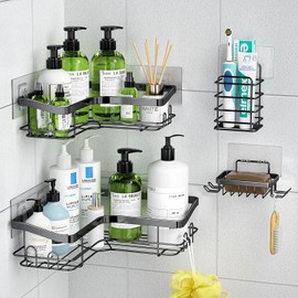 KiKiRico Corner Shower Caddy, 4 Pack Adhesive Shower Organizer with 12 Hooks, No Drilling Rustproof Stainless 2 Pcs Shower Shelves with 1 Pc Soap Holder & 1 Pc Toothbrush Holder for Bathroom, Black