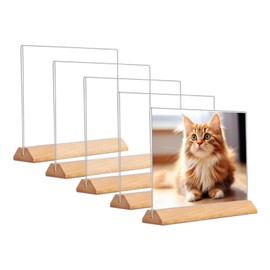Andchi 5pcs AcrylicTable Sign Holders T-Shape Both Sides Table Display Stands Wooden Base Menu Holders for Restaurants Office Store Sale etc (H, A6)