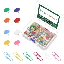 Keadic 1000Pcs Vinyl-Coated Thumbtacks & Paper Clips Jumbo Paper Clips for Office School