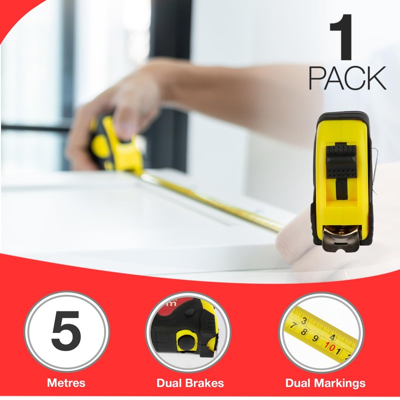5 Metre Retractable Tape Measure with Dual Break Button Design,