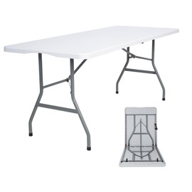 Lakhow Folding Table 6ft Plastic Table Indoor & Outdoor for Picnic, Camping,BBQ and Party, with Powder Coated Steel Legs and Built in Carry Handle, White