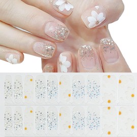 NEWSPIED White Flowers Nail Polish Strips Full Wraps Stickers Spring Gel Nail Strips Floral Glitter Design Gel Nails Stickers for Nail Art Decoration Accessories No Uv Light Needed