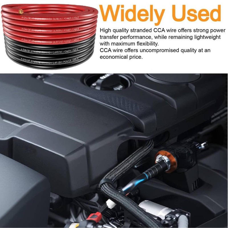 4 Gauge Wire (25ft Each- Black/Red) Copper Clad Aluminum CCA,20pcs
