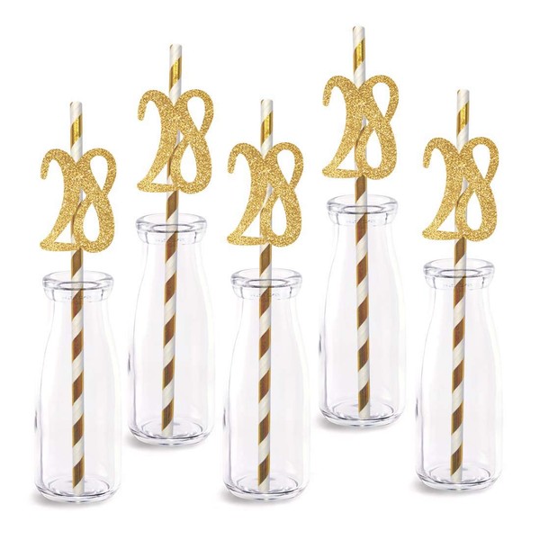 28th Birthday Paper Straw Decor, 24-Pack Real Gold Glitter Cut-Out Numbers Happy 28 Years Party Decorative Straws