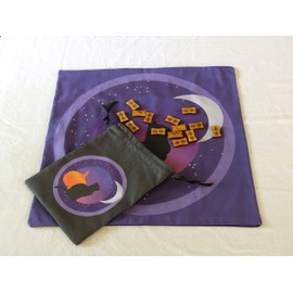 Tarot or Altar Accessory Set - Black Cat and The Moon - Altar or Tarot Cloth with Drawstring Bag - Divination Cloth or Casting Mat with Pouch