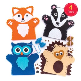 Baker Ross AR637 Woodland Animal Hand Puppet Sewing Kits (Pack of 4) for Kids Arts and Crafts
