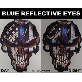 12" Tall Thin Blue Line Skull with Blue Reflective Eyes Police Officer BLM American Flag Vinyl Decal Sticker Car Truck