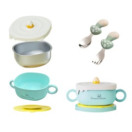 Miusco Suction Bowls Baby SUS316 Stainless Steel Bowls, 400ml Toddler Bowls with Silicone Mat, Fork and Spoon, Children's Baby Food Bowl - Dishwasher safe