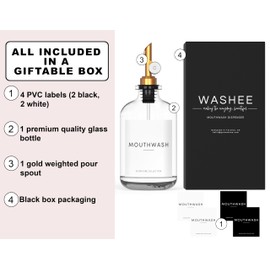 WASHEE Mouthwash Dispenser for Bathroom - Glass Mouthwash Container (12.7 oz) with Weighted Pour Spout & 4 Mouthwash Bottle Labels, Perfect for Bathroom Organization & Farmhouse Decor
