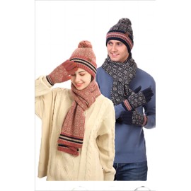 Visioelo Women's Bobble Hat Scarf and Gloves Set Touch-screen Gloves Scarf set of three Soft Warm Winter Knitted Snowflake Pattern Retro Pom Cap Set for Ladies Men (Red)