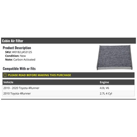 Cabin Air Filter - Carbon Activated - Compatible with 2010-2020 Toyota 4Runner