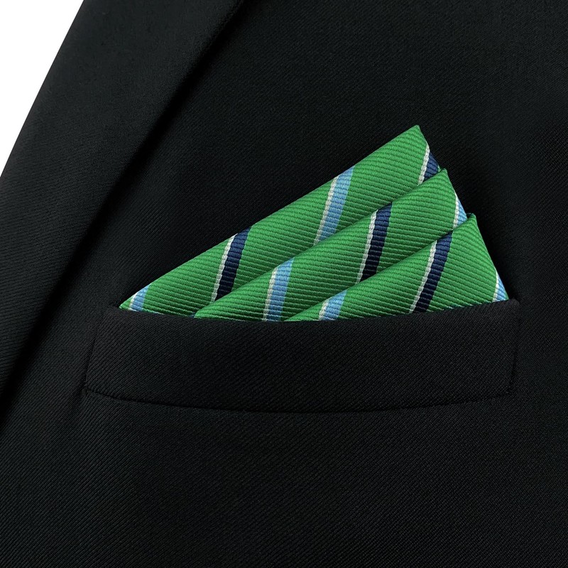 [S&W SHLAX&WING] Men's Striped Pocket Square Kelly Green Blue Stripe