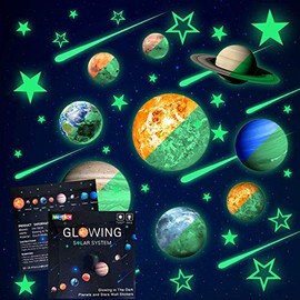 Glow in The Dark Stars and Planets, Bright Solar System Wall Stickers -Sun Earth Mars,Stars,Shooting Stars and so on,9 Glowing Ceiling Decals for Bedroom Living Room,Shining Space Decoration for Kids