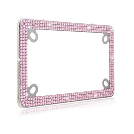 Fashion Motorcycle Premium Pink Bling License Plate Frames,Exclusive Bling Motorcycle License Plate Holder,Motorbike Rhinestone License Plate Covers(1PC)