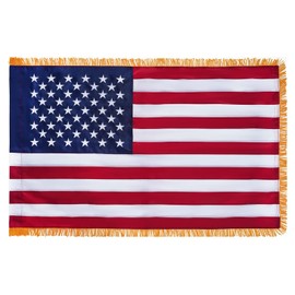 SYII Cotton American Flag with Gold Fringed 3x5 Feet Made in USA, Luxury Embroidered Stars and Pole Sleeve Banner Style, Heavy Duty Polyester US Flags for Indoor