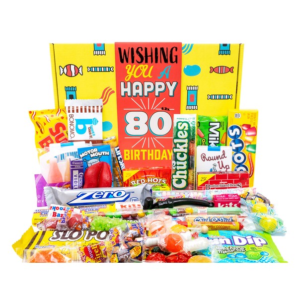 RETRO CANDY YUM 80th Birthday Gifts for Women & Men - Classic 1943 Candy Pack for 80 Years Old Man, Woman - Assorted Retro Candy Basket Box for Mom, Dad, Grandpa, Grandma