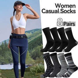 NKMOOS 8-Pack Black thin retro soft pattern cotton striped crew socks women Suitable dress womens socks size 7-9, perfect gifts for friends work occasions or running great choice as gifts for friends