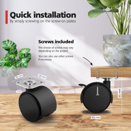 RAVN HAMAN Set of 4 Furniture castors 50 mm - Transport castors with brake up to 30 kg per wheel - Wheels for indoor furniture - Heavy duty castors - Swivel castors with low rolling resistance