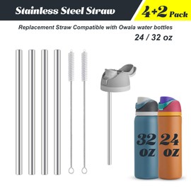 4Pcs Replacement Stainless Steel Straws Compatible with Owala Water Bottle 24oz 32oz Reusable Straws with 2 Cleaning Brushes Metal Straw Replacement Compatible with Owala Freesip (21cm for 24-32oz)
