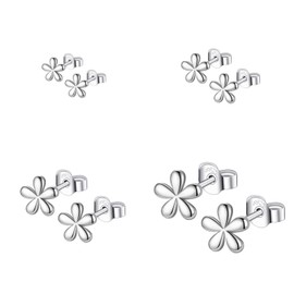 Hinvan 4 Pairs 925 Sterling Silver Earrings Silver Stud Earrings Women's Small Earrings Set Flower Earrings Silver Hypoallergenic Flower Stud Earrings Silver Earrings for Women Girls Women, Silver,