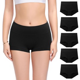 Molasus Womens Cotton Boy Shorts Panties Ladies High Waisted Full Coverage Stretch Plus Size Underwear Pack of 5,Black,3X-Large
