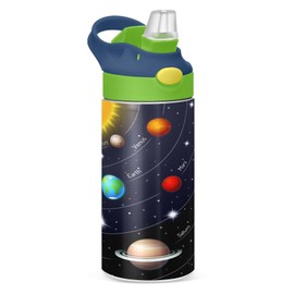 Space Solar System Kids Water Bottle with Straw and Carry Handle Galaxy Stars Vacuum Insulated Stainless Steel Bottles12 oz Green Lid Leak-Proof for Boys Girls Toddler 4-8 Years Old