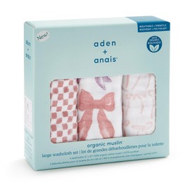 aden + anais WCADABAWCO30012 Washcloth, Ribbon, Organic, Set of 3, Gauze Handkerchief, Cotton, Towel Handkerchief, 11.8 x 11.8 inches (30 x 30 cm), Baby Shower