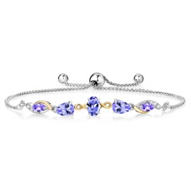 Gem Stone King 925 Silver and 10K Yellow Gold Blue Tanzanite and White Lab Grown Diamond Tennis Bracelet for Women By Keren Hanan (1.64 Cttw, Gemstone Birthstone, Adjustable Up To 9 Inch)