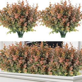 RECUTMS 8 Bundles Artificial Greenery Plants Stems Outdoor Fake Eucalyptus Plants Boxwood Bushes for Farmhouse Bathroom Office Vase Centerpiece Indoor Outdoor Decoration(Dusty Orange)