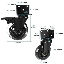 3" Side Mount Caster Wheels, Hirate Heavy Duty L- Shaped Swivel Plate Casters (2 with Brake, 2 No Brake) Industrial Casters for Furniture, Kitchen Cabinet, Baby Bed, Table, Loading Capacity 600 Lbs