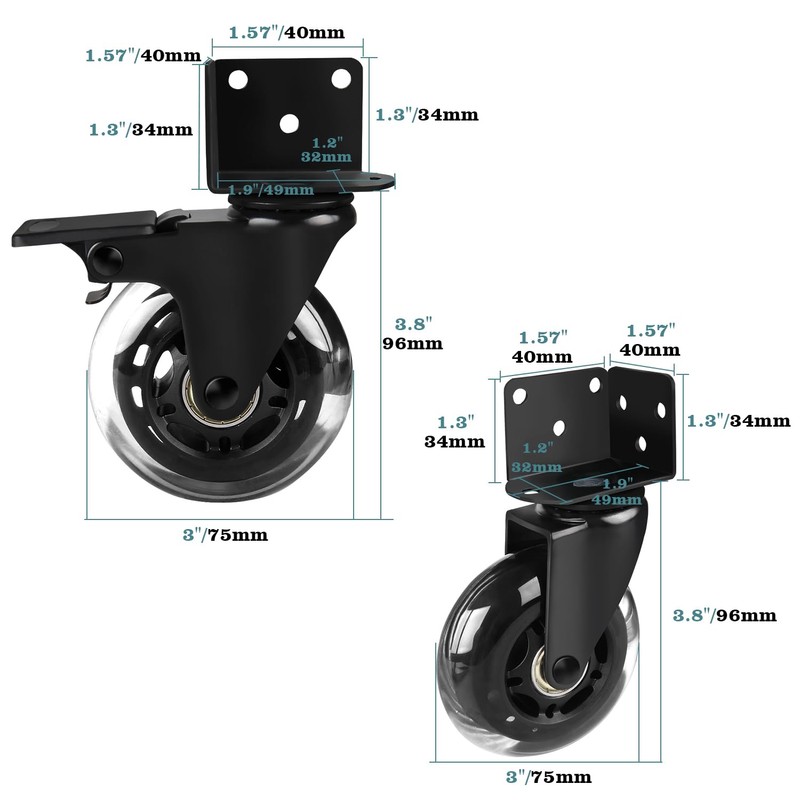 3" Side Mount Caster Wheels, Hirate Heavy Duty L- Shaped