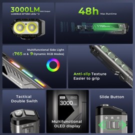 Wurkkos TD11 LED Flashlight, Tactical, 3,000 Lumens, Ultra Thin, Compact Design, USB-C Charging, OLED Screen, 2 Tail Buttons, Spot/Flood/RGB Switching, IPX6 Waterproof, Camping, Disaster Prevention