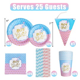 Bymivofun 126-Piece Gender Reveal Tableware, for 25 Guests, Boys or Girls Paper Tableware, for Children Theme Birthday Party Baby Shower