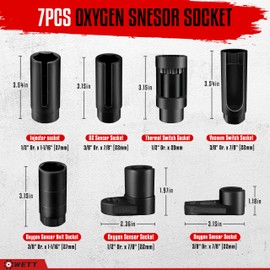 WETT Oxygen Sensor Socket Set, 7-Piece Oil Pressure Sensor Removal Tool, 3/8" 1/2" Drive, 22mm (7/8"), 27mm 29mm, 6 Point & 12 Point, Automotive O2 Sensor Wrench Removal Sockets