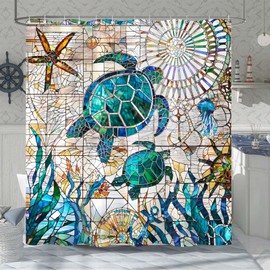 Accnicc Nautical Sea Turtle Shower Curtain Teal Blue Stained Glass Ocean Theme Coastal Shower Curtains for Bathroom Vintage Map Beach Waterproof Fabric Bath Curtain Decor 72x72 Inches