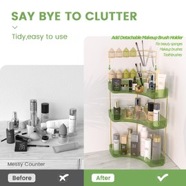 NATURE'S SOURCE Makeup Organizer for Vanity, 3-Tier Corner Bathroom Organizer Countertop with Makeup Brush Holder, Corner Counter Storage for Bathroom Dresser- Green