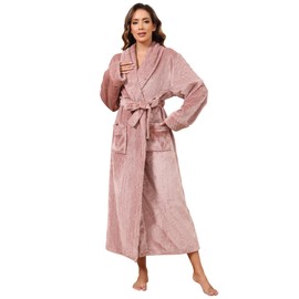 Hellomamma Long Bath Robe for Womens Plush Soft Fleece Bathrobes Nightgown Ladies Pajamas Sleepwear Housecoat Pink L-XL