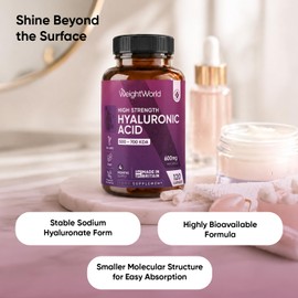 Hyaluronic Acid Supplement 600mg (500-700 KDA) - 1 per Day - 120 High Strength Capsules - 4 Months Supply - Non-GMO, Vegan-Friendly & GMP-Approved Hyaluronic Acid Capsules - Made in the UK