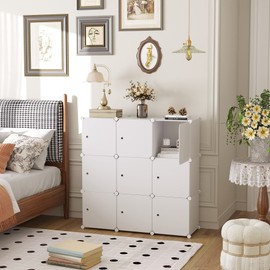 C&AHOME Cube Storage Organizer with Doors, 9-Cube Shelf, Closet Cabinet, DIY Plastic Modular Bookshelf, Storage Shelves Ideal for Bedroom,Living Room,36.6”L x 12.4”W x 36.6”H Milky USHS3009M-DOOR