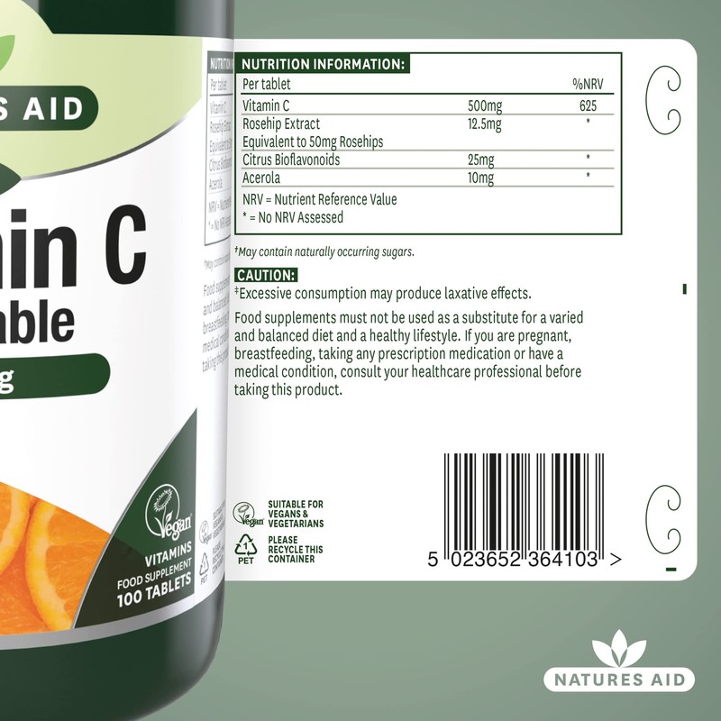 Natures Aid Chewable Vitamin C 500 mg, Sugar Free, Suitable
