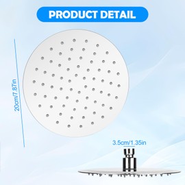 Shower Head Rain Shower Stainless Steel 8 Inch Self-Cleaning Rain Shower Head Shower Head Water-Saving Shower Head Rain Shower Built-in Shower Heads, Economy Shower Head 360° Adjustable Round, Chrome