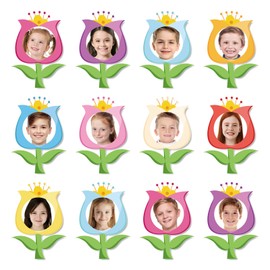 JarThenaAMCS 45 Pcs Spring Tulip Floral DIY Cutouts Colorful Flower Shape Paper Cutting Bulletin Board Decoration with 100 Pcs Glue Points for Party Classroom Home Photo Crafts