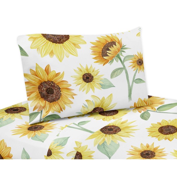 Sweet Jojo Designs Yellow, Green and White Sunflower Boho Floral Queen Sheet Set - 4 Piece Set - Farmhouse Watercolor Flower