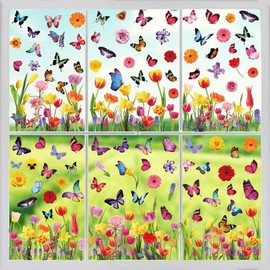 9 Sheets Window Stickers Flower Watercolor Tulip Butterfly Window Clings Spring Window Glass Door Decorative Stickers