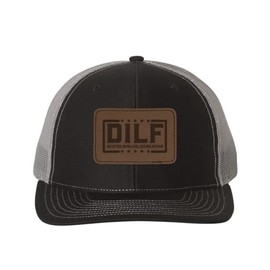 TeesAndTankYou DILF Devoted Involved Loving Father Mesh Back Trucker Cap Engraved Faux-Leather Patch Adjustable Hat Black/Charcoal